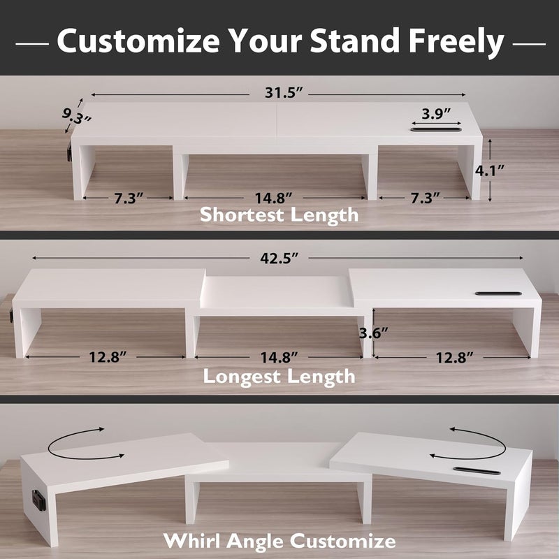 BONTEC Dual Monitor Stand Riser with Smartphone Holder, Adjustable Length & Swivel Angle, Ergonomic Wooden Desktop Organizer for PC Monitor, Laptop, Printer, Large Storage, White - Image 3